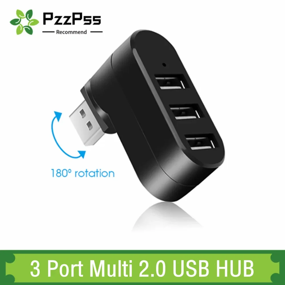 PzzPss USB Hub 2,0 adaptador giratorio de alta velocidad U lector de disco divisor 3 puertos USB 2,0 para ordenador PC portátil Mac Mini Accesorios