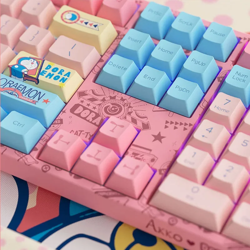 AKKO Doraemon Key Cap Macaron PBT con cable Teclado mecánico personalizado de tres modos 138 teclas RGB Teclado robótico para juegos de gatos de intercambio en caliente - imagen 5