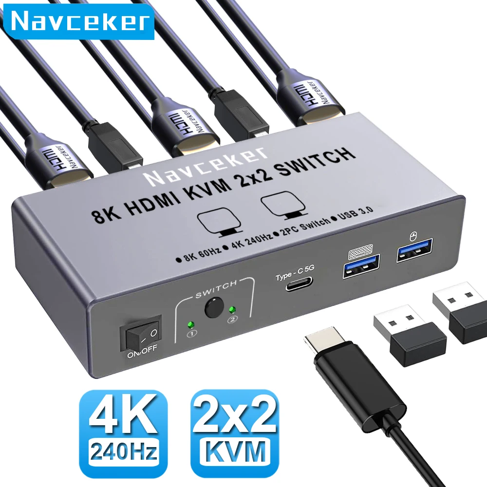 Navceker 4K 240Hz HDMI KVM Switch para 2 monitores 2 piezas 8K 60Hz USB C USB 3,0 Monitor compartido teclado ratón impresora con HDR 3D
