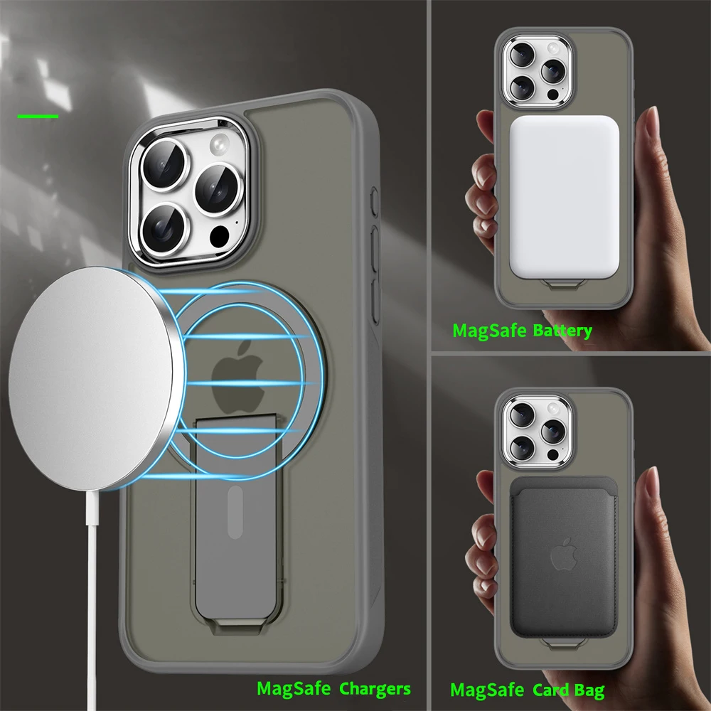 Funda de teléfono magnética con soporte plegable Magsafe de lujo para iPhone 17 16 15 14 Plus 13 12 11 Pro Max, funda trasera translúcida mate - imagen 3