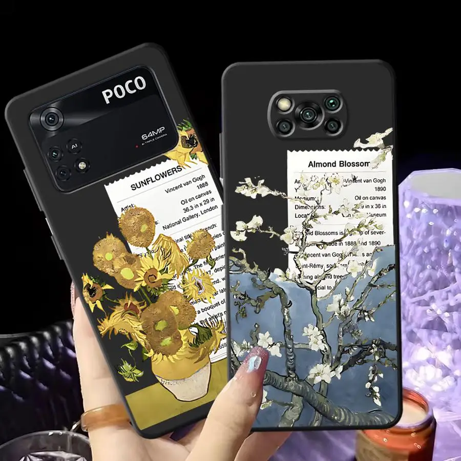 Van Gogh girasoles la noche estrellada arte negro suave funda de teléfono para Xiaomi Poco C71 F1 C40 X3 X4 X5 X7 Pro C61 C75 F3 M3 M4