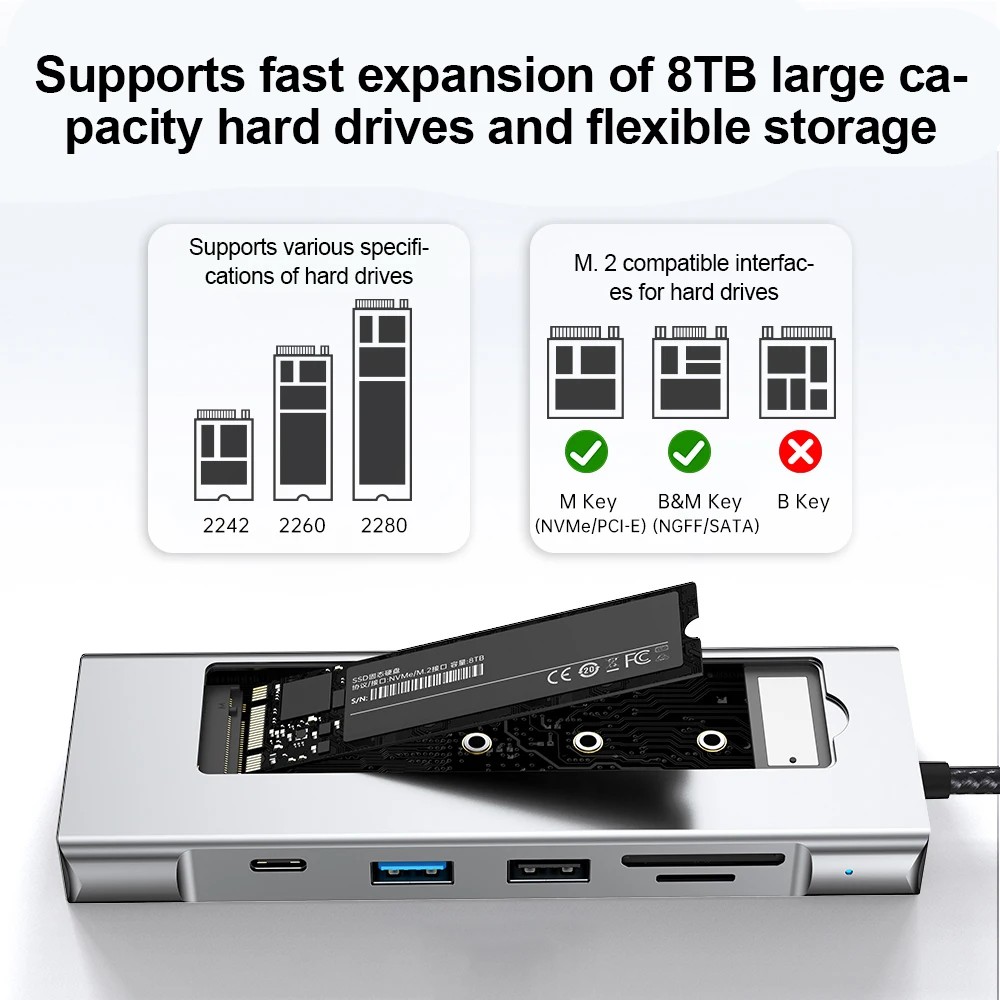 Carcasa M.2 SATA NVME SSD 8 en 1 USB C HUB 10Gbps estación de acoplamiento 4K/30Hz Compatible con HDMI PD100W carga SD/TF3.0 para ordenador portátil - imagen 5