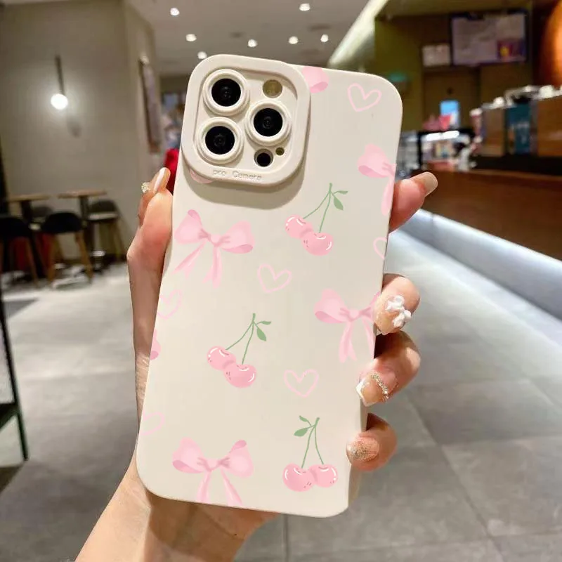 Funda de teléfono con diseño de lazo de cereza rosa femenino para Samsung Galaxy A16 A36 A56 A55 A54 A53 A52 A35 S25 S24 S23 S22 Ultra Plus FE