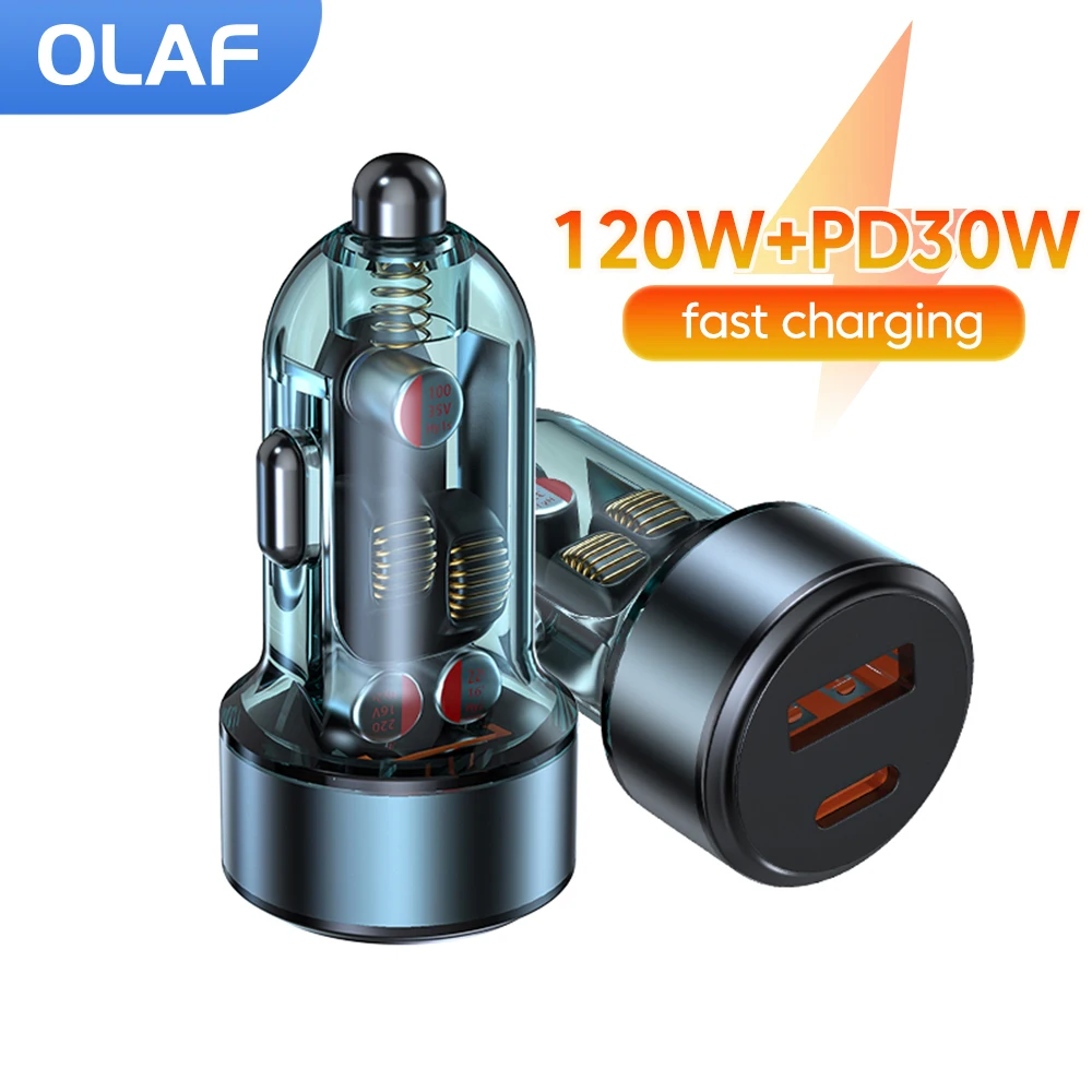 Cargador de coche transparente de 120W PD30W, adaptador de cargador de teléfono de coche USB tipo C de carga rápida para iphone 15 16 Samsung Huawei Xiaomi