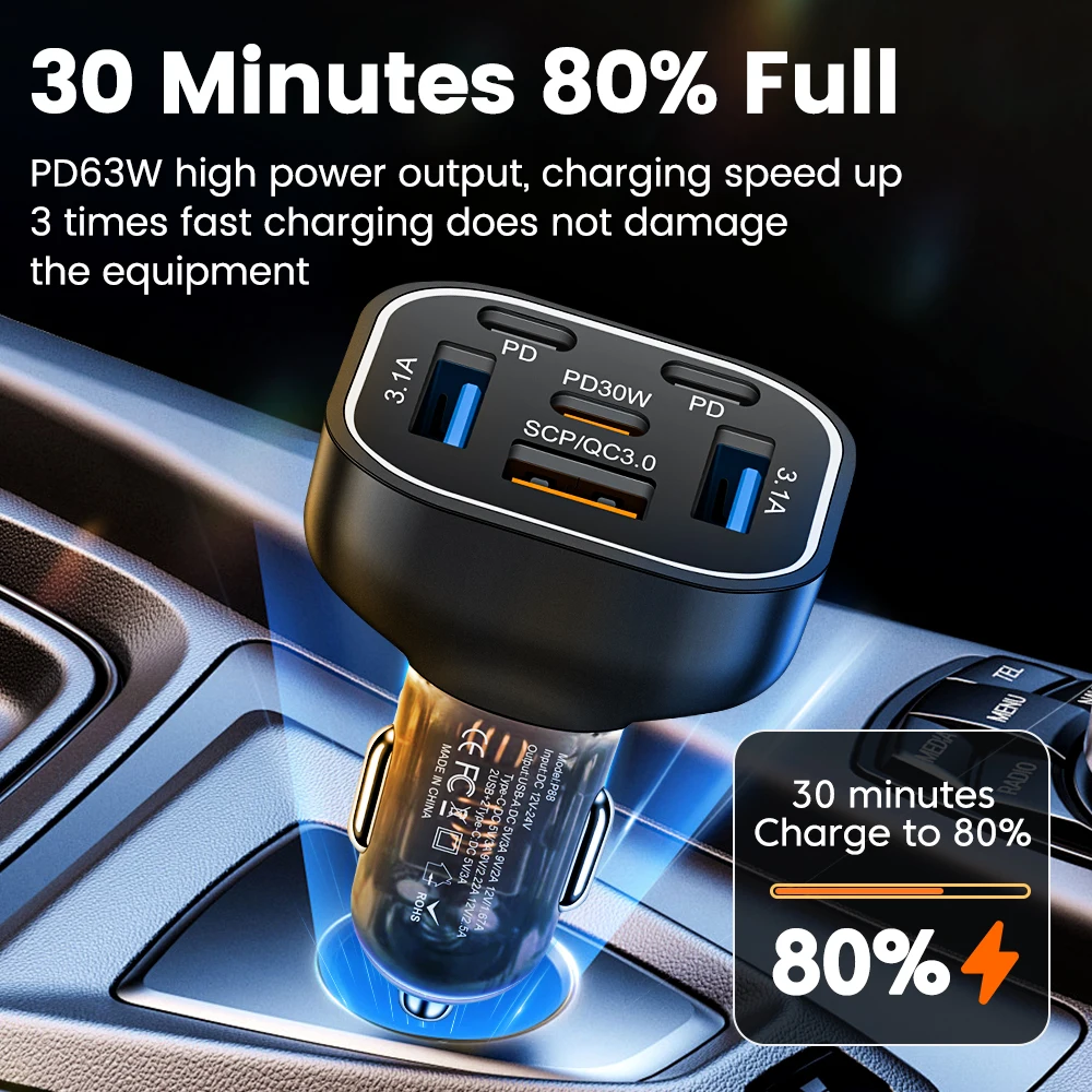 Cargador de coche USB de 63W, encendedor de carga rápida QC3.0 para iPhone, 6 puertos PD 3,0 tipo C, cargador de teléfono para coche para Xiaomi, Samsung y Huawei - imagen 3