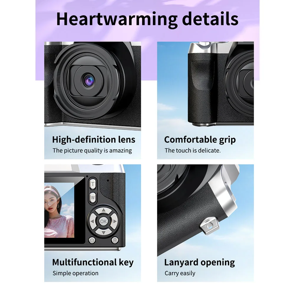 Cámara Digital de 64MP y 1080p con pantalla, videocámara Vlog portátil, base de batería, cámara Digital Retro para adolescentes, adultos, regalos para principiantes - imagen 5