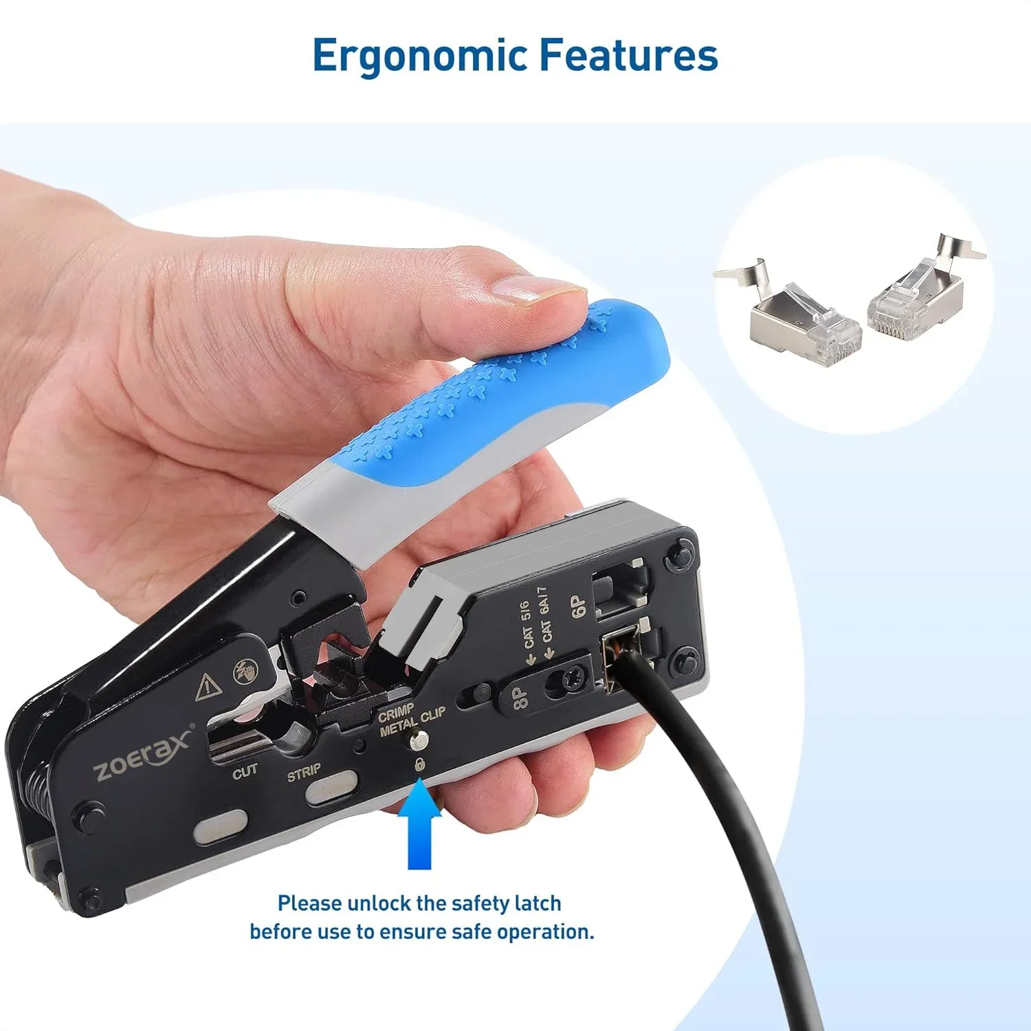 Herramienta de prensado Ethernet ZOERAX RJ45 para conectores Ethernet CAT8 Cat7 Cat6a Cat6 Cat5e con funciones de pelado y corte de cables - imagen 4