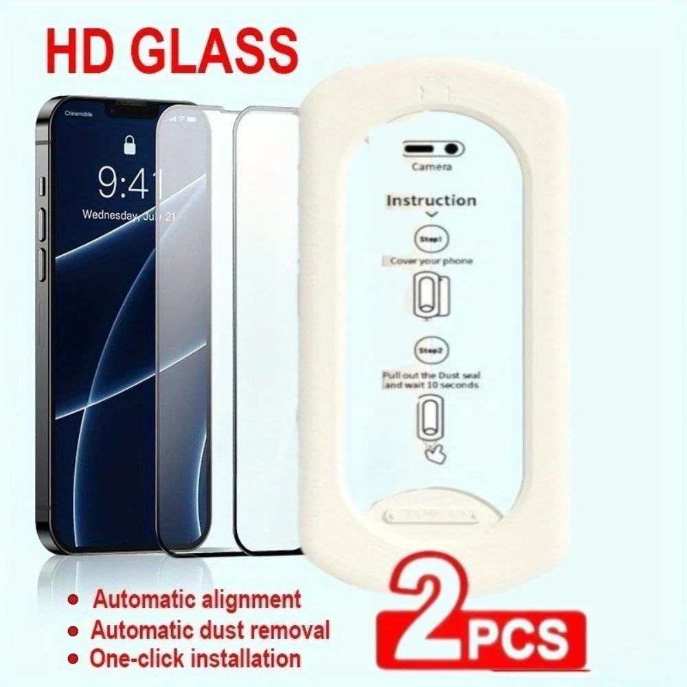 Protector de pantalla sin polvo con un clic, 2 uds., para iPhone 16 15 13 Pro Max 16e 15 Plus, vidrio templado para iPhone 14 12 11 Pro X XR XS - imagen 2