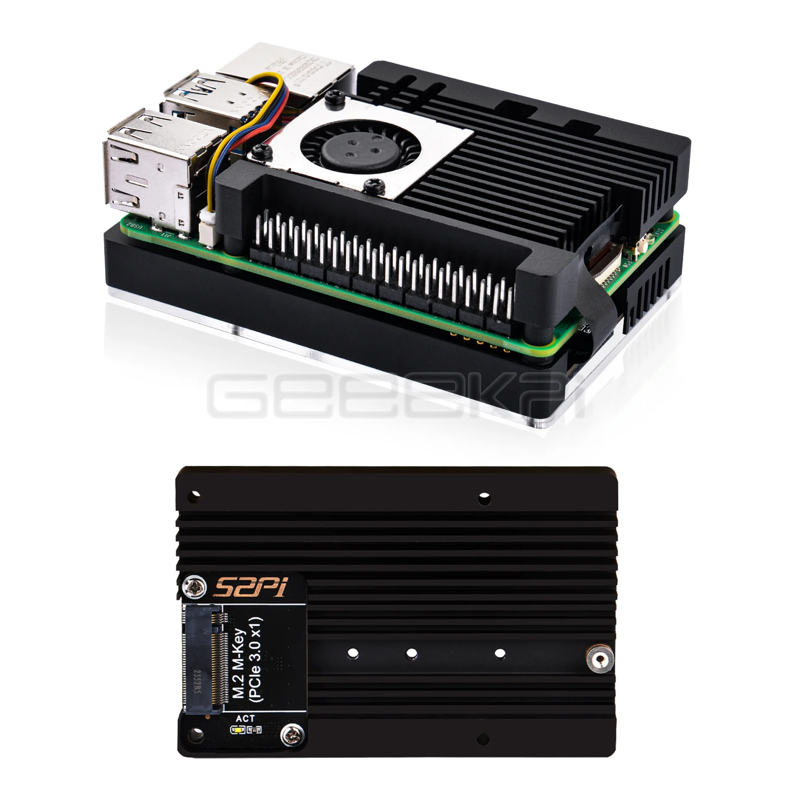 GeeekPi-funda de armadura con adaptador M.2 m-key PCIe3.0 x1 para Raspberry Pi 5, compatible con M.2 NVMe SSD en 2230, 2242, 2260, 2280