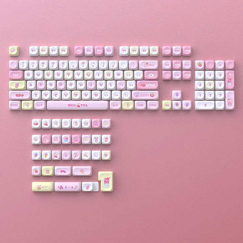 Tapa de tecla con cuentas de fresa, Material MOA PBT, juego completo pequeño DIY, 125 teclas, sublimación de tinte, corazón rosa para niña, bonitas tapas de teclado - imagen 5