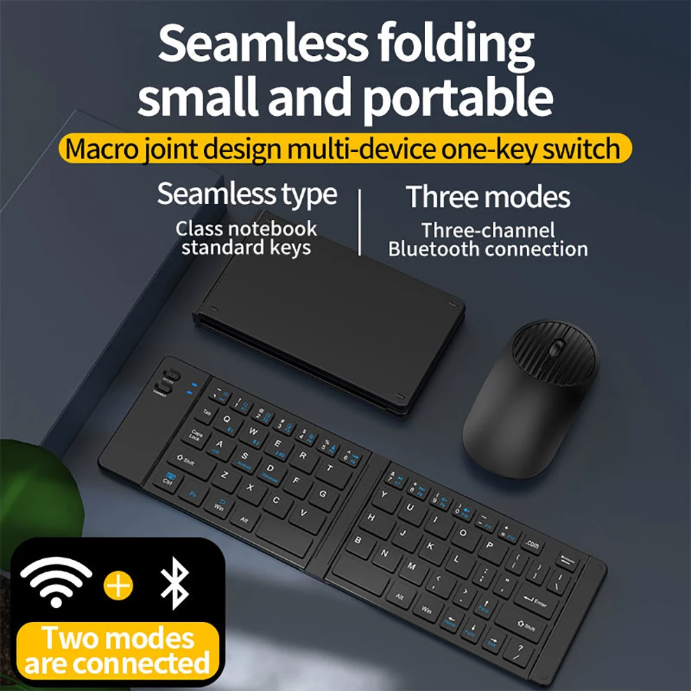 Juego de ratón y teclado inalámbrico plegable Bluetooth y 2,4G para PC/portátil/tableta, teclado de viaje portátil recargable con ratones de 1600DPI