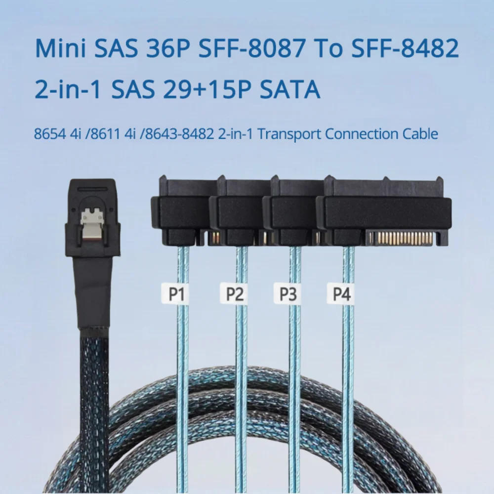 Mini SAS 36P SFF-8087 a SFF-8482 2 en 1 SAS 29+15P SATA 8654 4i /8611 4i /8643-8482 Cable de conexión de transporte 2 en 1