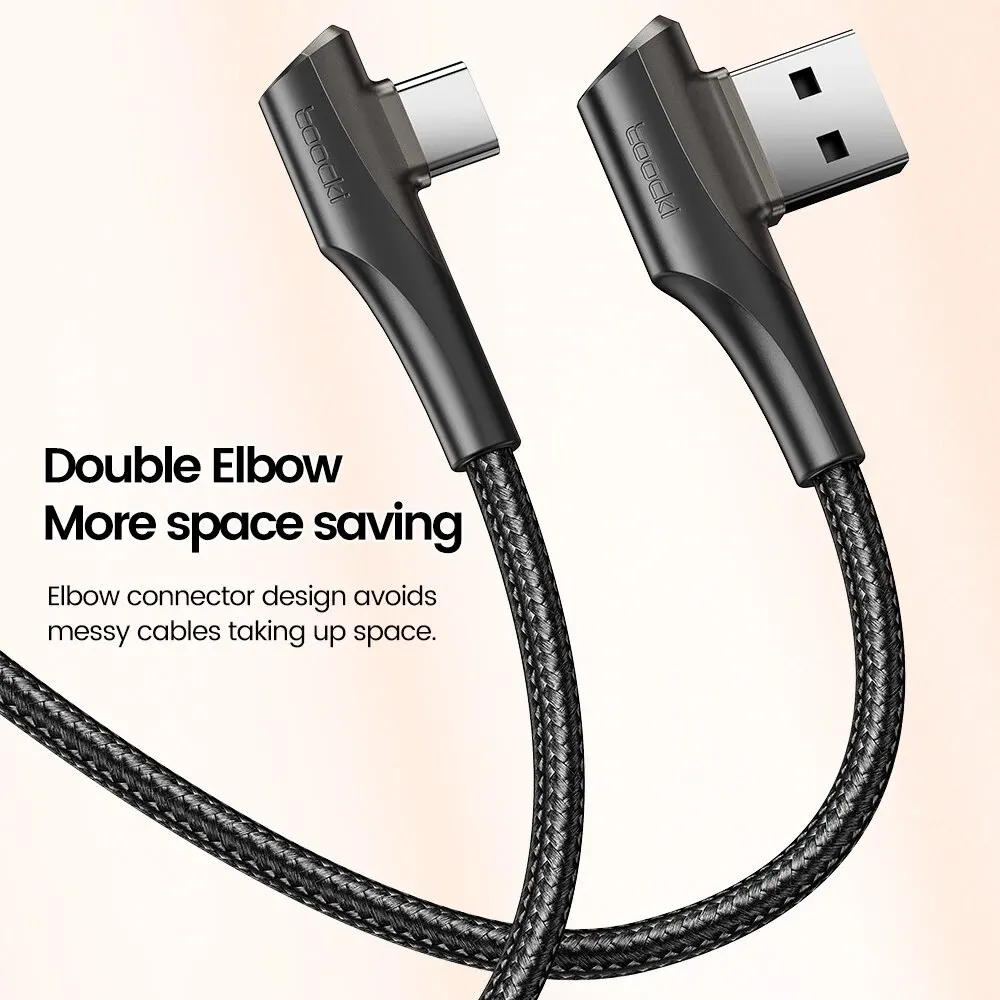 Toocki 3A Cable USB carga rápida 3,0 Cable de carga rápida tipo C Cable de datos de codo doble de 90 grados para Huawei Xiaomi Samsung Realme - imagen 5