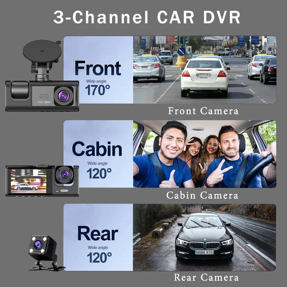 Cámara de salpicadero para coche, grabadora de vídeo DVR HD 1080P de 3 CANALES, con 3 lentes, PARA INTERIOR DE VEHÍCULO - imagen 2