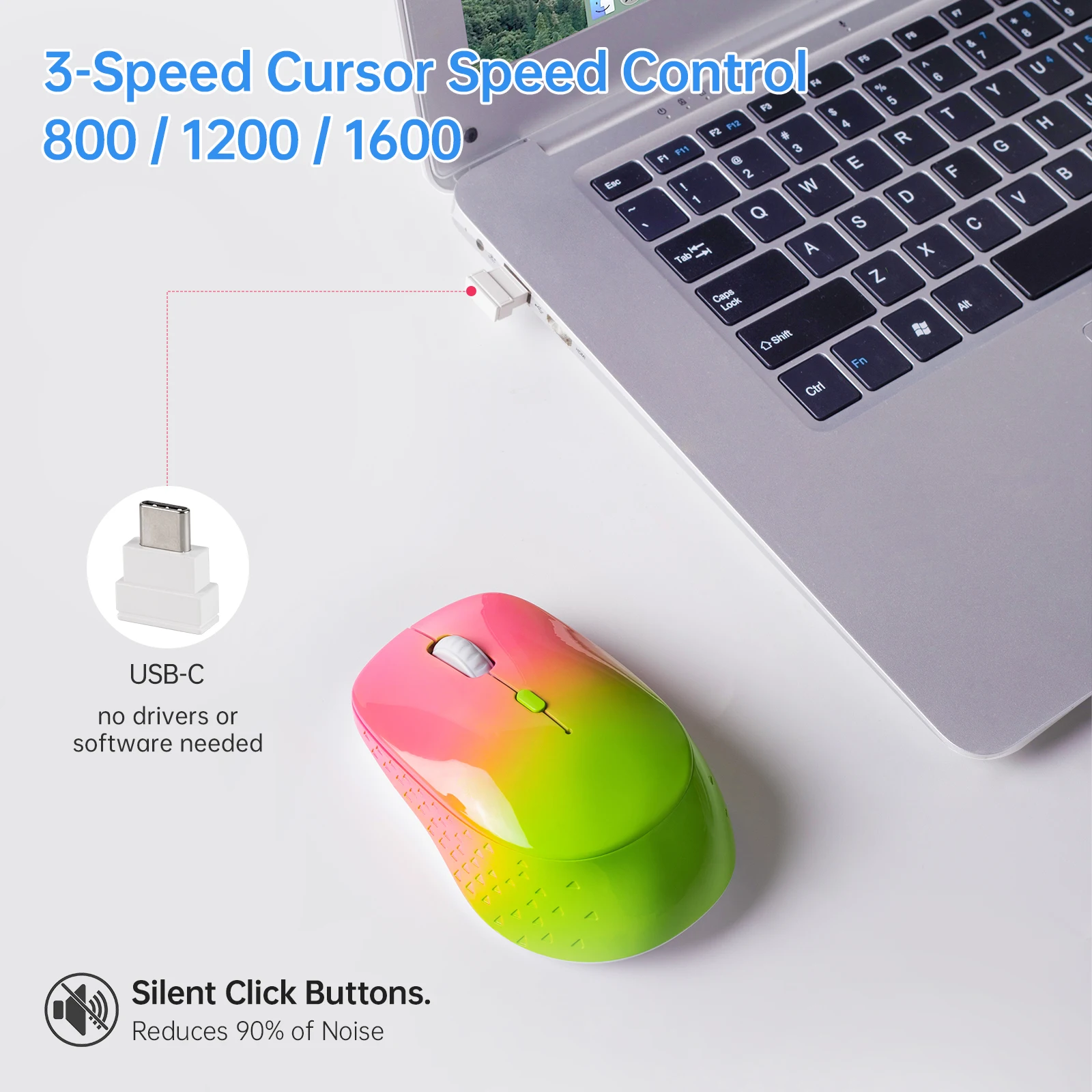 Ratón inalámbrico recargable para ordenador portátil, Mouse óptico silencioso USB y tipo C, 3 DPI ajustables, Mac, MacBook, Android, PC - imagen 4