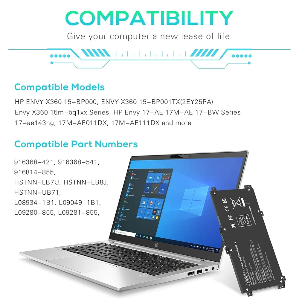 LK03XL Reemplazo de batería para HP Envy X360 Convertible 15m-cn0012dx 15m-cn0011dx 15m-bp112dx 15m-bq121dx 15m-bp111dx 15m-cn0xxx 17m-ae0xx 17-ae1xx 17-bw0013dx 916814-855 916368-421 - imagen 3
