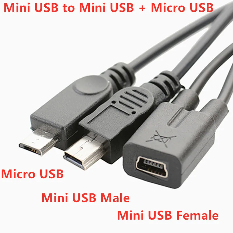 Mini Cable USB 2 en 1, cargador de teléfono móvil, Mini USB hembra a Mini USB Micro USB macho, Cable divisor para reproductor MP3 MP4
