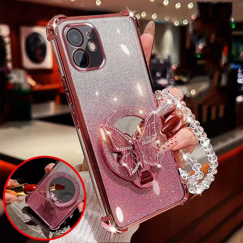 Funda de teléfono con purpurina y pulsera plegable con mariposa y espejo para iPhone 17 Air 16 15 14 13 12 11 Pro Max 16 Plus 16E, funda a prueba de golpes - imagen 5