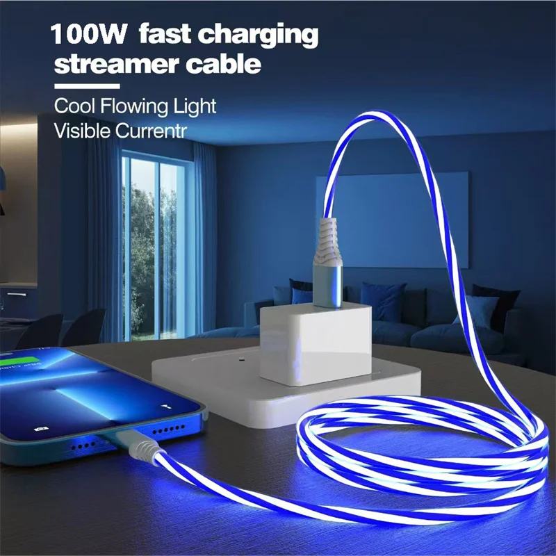 Cable USB tipo C luminoso de flujo 7A 100W para Huawei P50 3A Cable de datos de carga rápida USB C para Xiaomi Samsung iPhone 15 Pro - imagen 5