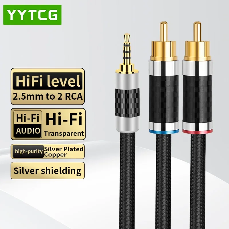 Cable macho de Audio Hifi para amplificador, Conector de 2,5mm TRRS equilibrado a 2 RCA, chapado en plata OFC de alta pureza, Jack de 2,5mm a 2 RCA