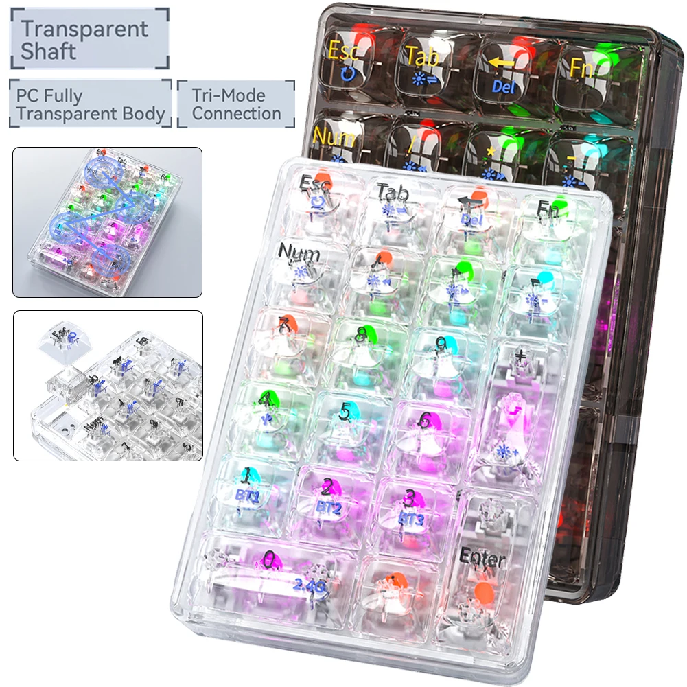 Teclado numérico mecánico Bluetooth K21, teclado numérico transparente de tres modos, 500mAh, intercambiable en caliente para juegos