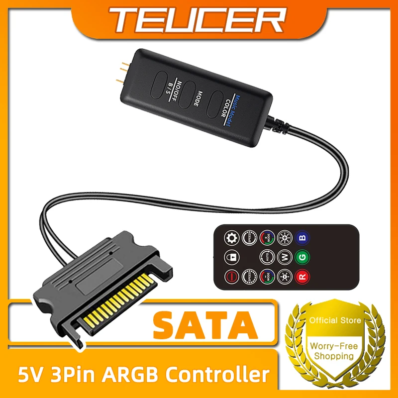 Controlador TEUCER LC-S50R ARGB 5V 3PIN a SATA Cable de extensión de interfaz regulador de luz con Control remoto para ventilador con cubierta de PC