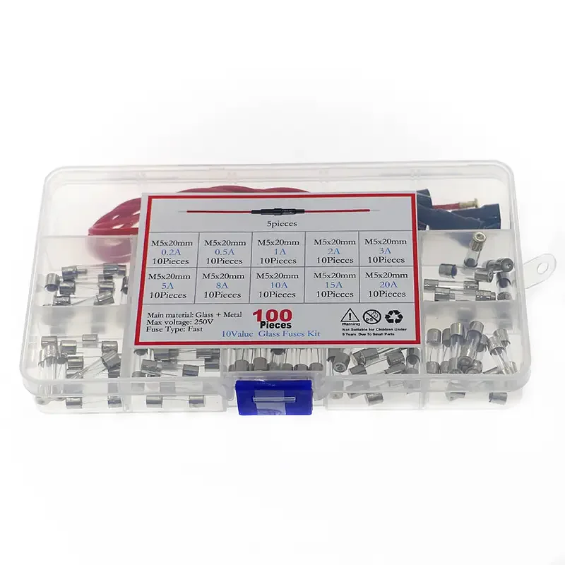 5 uds 5x20mm portafusibles tipo tornillo con cable 16AWG 100 Uds fusible de tubo de vidrio de soplado rápido Kit surtido 12V-250V - imagen 3