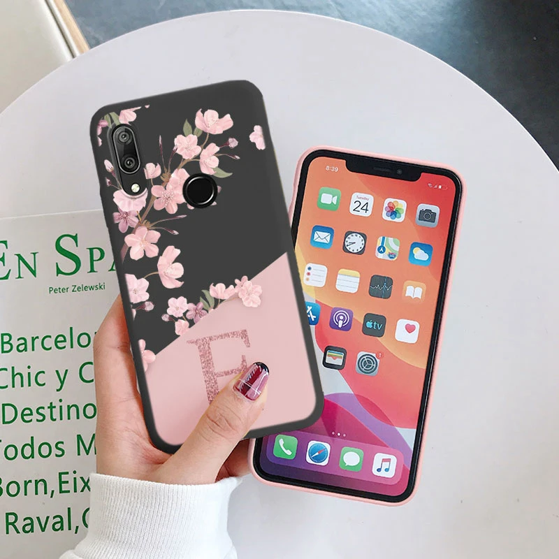Funda de teléfono de silicona con letra inicial para Huawei Y7 Prime 2019, carcasa trasera de TPU suave con flor rosa Retro para Huawe Y7 2019 Capa - imagen 3