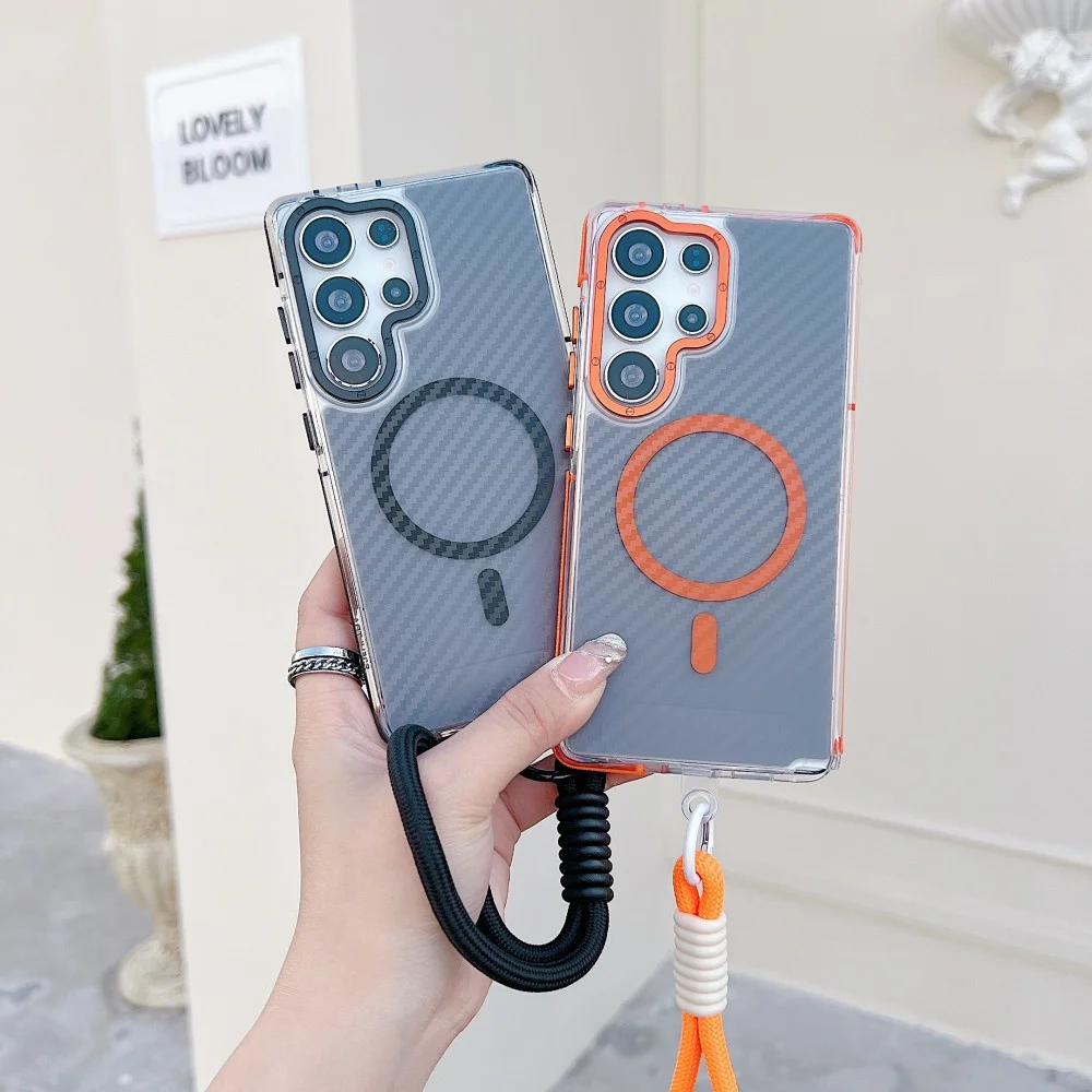 Funda de teléfono magnética de fibra de carbono con cordón de lujo para Samsung S24 S25 Ultra S23 Plus, funda protectora de carga inalámbrica Magsafe - imagen 4