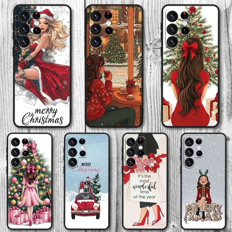 Funda con patrón navideño para niñas, funda negra para Samsung Galaxy S25 S24 S23 S22 S21 S20 S10 S9 S8 FE Lite Ultra Plus 5G