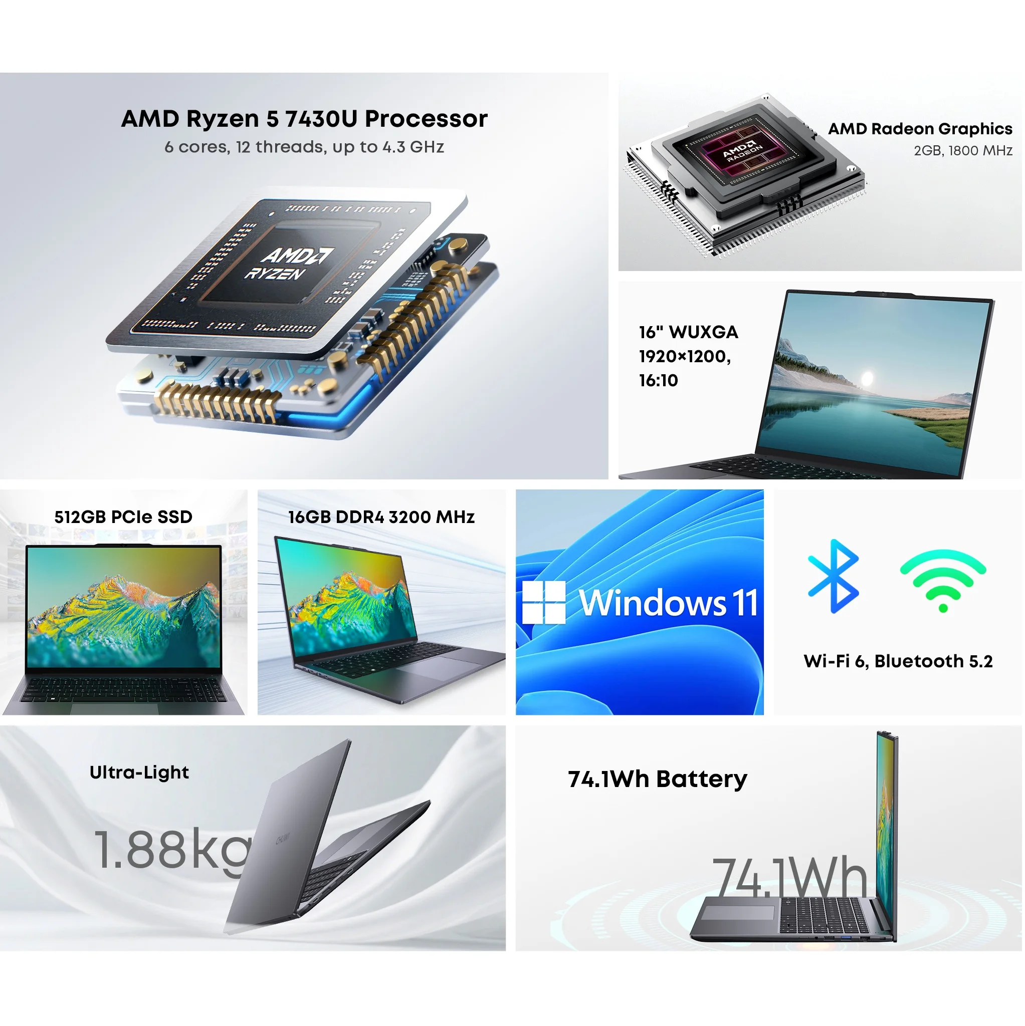 CHUWI CoreBook Plus portátil 16 pulgadas FHD pantalla R5-7430U 6 núcleos portátil para juegos 16GB RAM 512GB SSD Metal cuerpo Notebook con enfriador - imagen 2