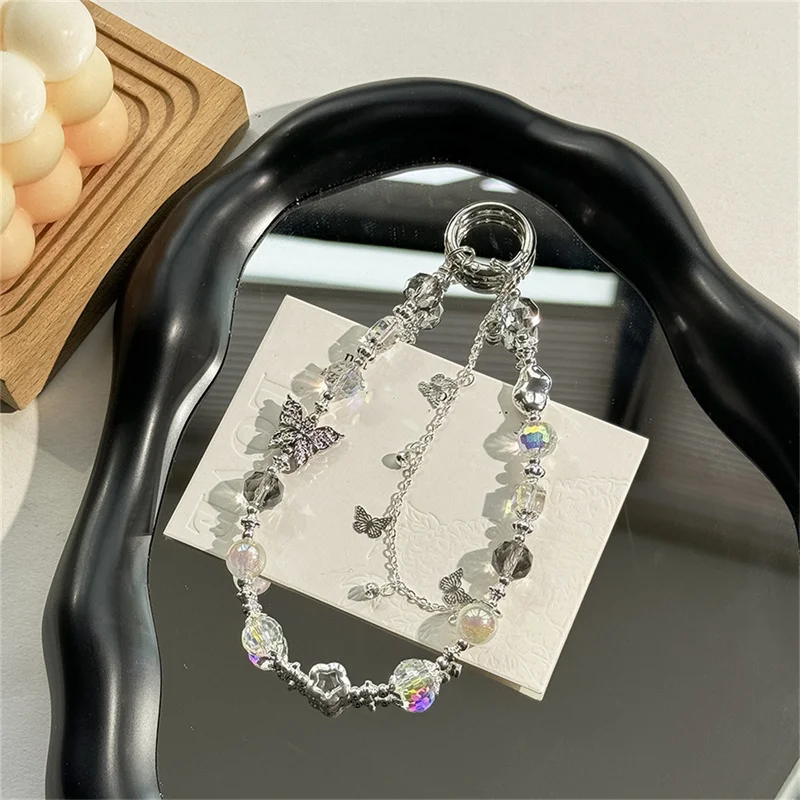 1 unidad de pulsera de lujo con diamantes de imitación y mariposa brillante para teléfono, correa con dije, nudo de cadena, cordón para teléfono móvil, bolso, llavero para cámara, regalo para niña - imagen 4