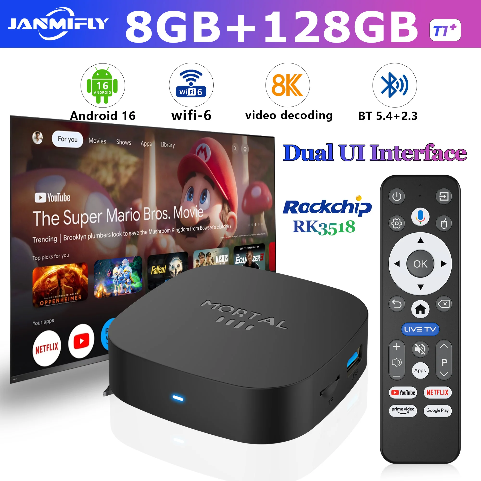 2025 nuevo Android TV Box T1 + Rockchip RK3518 Android 16 8GB RAM 128GB ROM WiFi 6 BT 5,4 Dual UI 8K Ultra HD reproductor multimedia inteligente - imagen 2