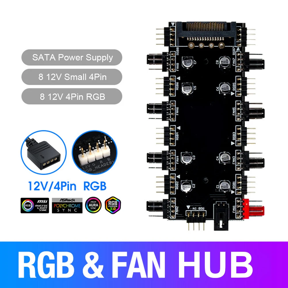 Controlador de concentrador de ventilador RGB de 12V/4 pines, 5V/3 pines, divisor de 1 a 8 multiforma, adaptador de controlador de velocidad de PC para ASUS/MSI, gancho y bucle - imagen 2