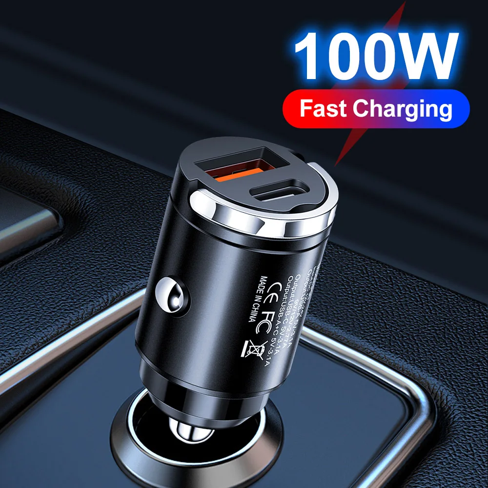 Mini cargador de coche de 100W PD tipo C, carga rápida de doble puerto para iphone, Samsung, Xiaomi QC 3,0, 12-24V, encendedor, cargador de coche de carga rápida
