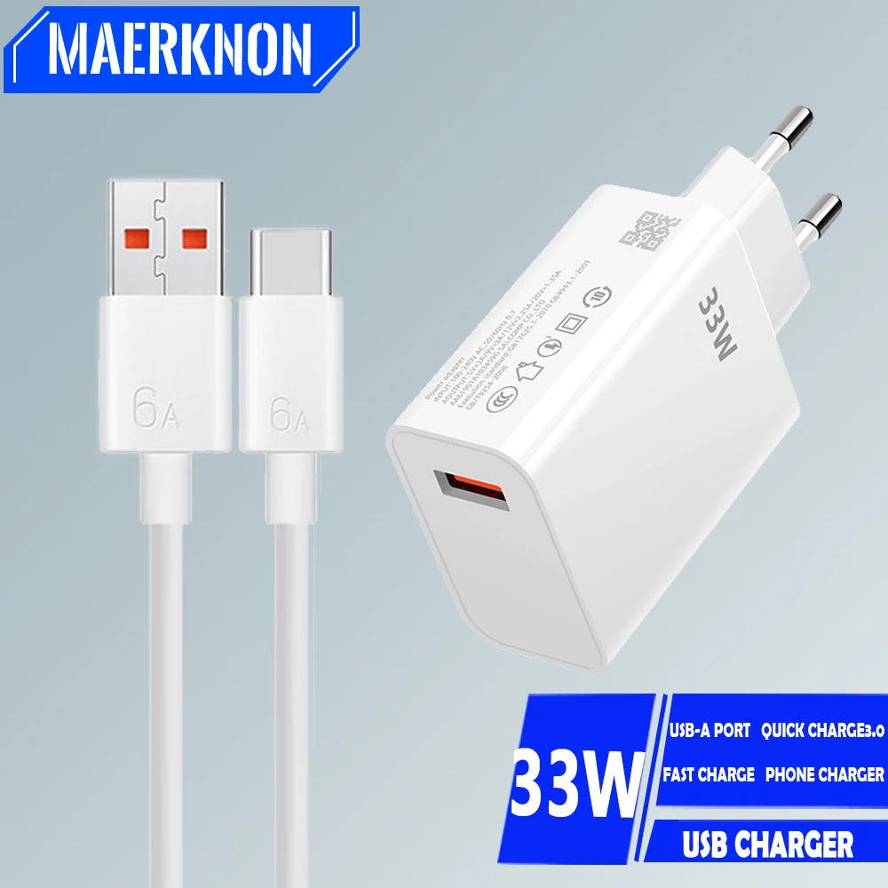 Cargador USB 33W adaptador de corriente de teléfono de carga rápida para iPhone 15 14 Samsung Xiaomi cargador de pared de carga rápida 3,0 Cable tipo C 6A