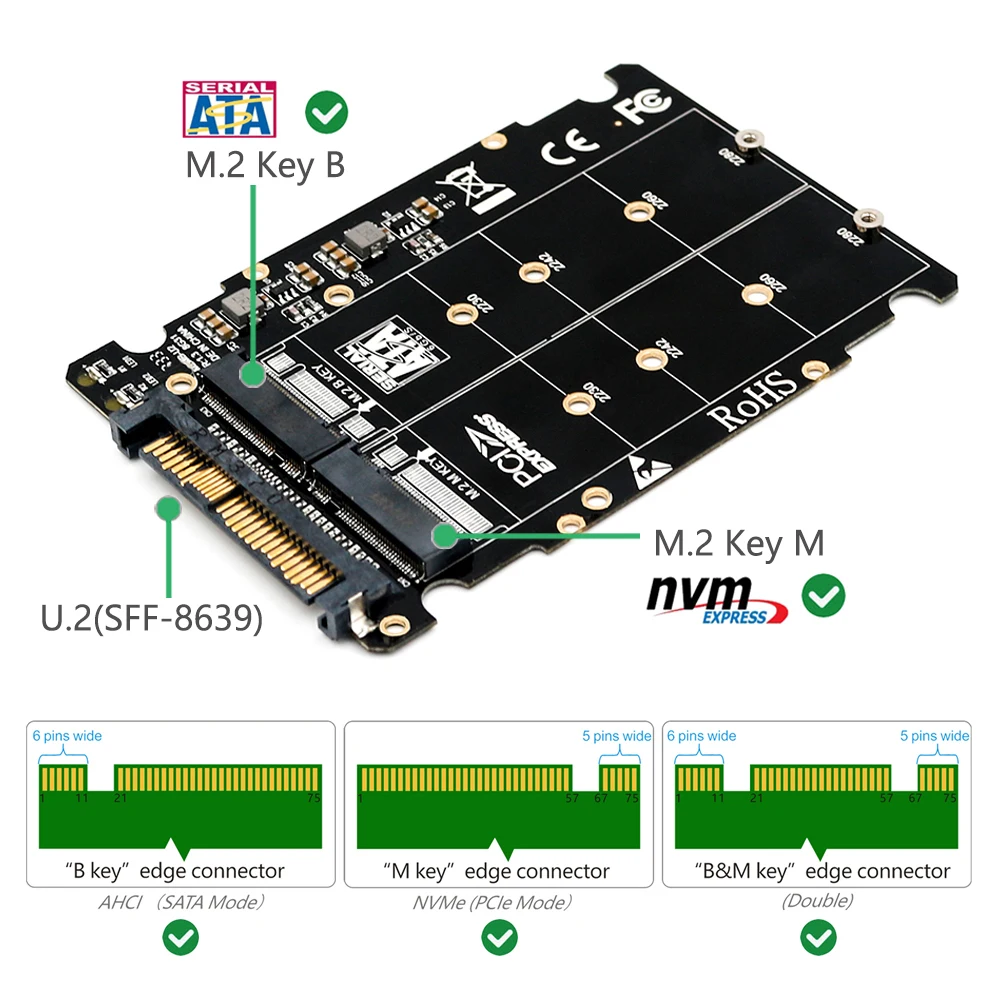 Adaptador M.2 SSD a U.2 2 en 1 M.2 NVMe y SATA-Bus NGFF SSD a PCI-e U.2 SFF-8639 Adaptador PCIe M2 Convertidor para Ordenadores de Escritorio