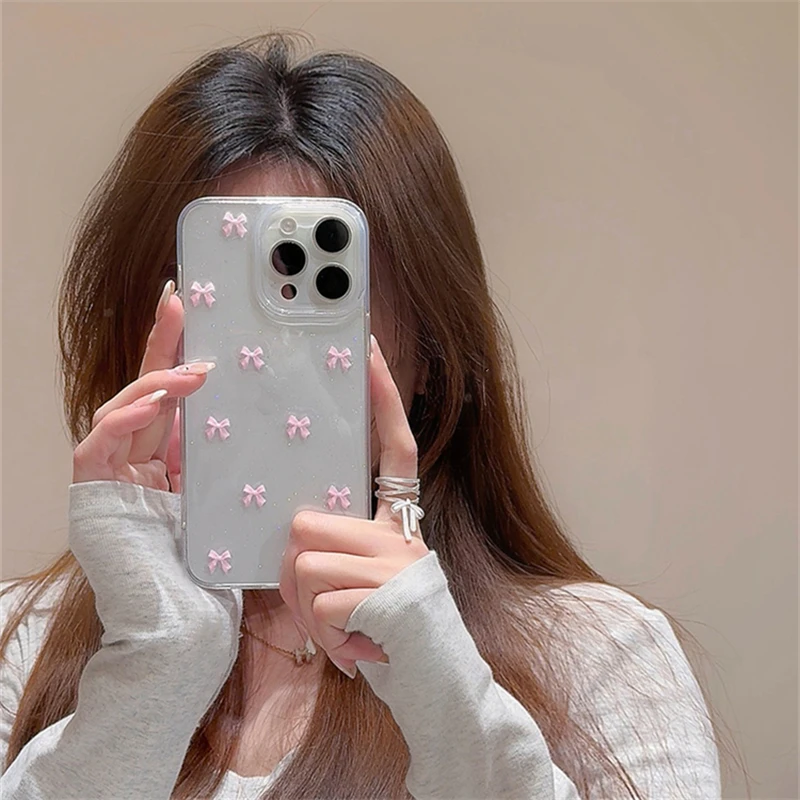 Bonita funda de teléfono con lazo rosa para iPhone 16, 15, 14, 13, 12, 11 Pro Max X XS Max MiNi Plus, funda suave para chica de Corea, carcasa con brillo epoxi - imagen 3