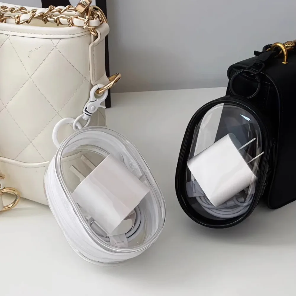 Mini bolsa de almacenamiento de Cable de carga transparente portátil con cremallera, funda multifuncional para auriculares, accesorios de viaje con llavero - imagen 2