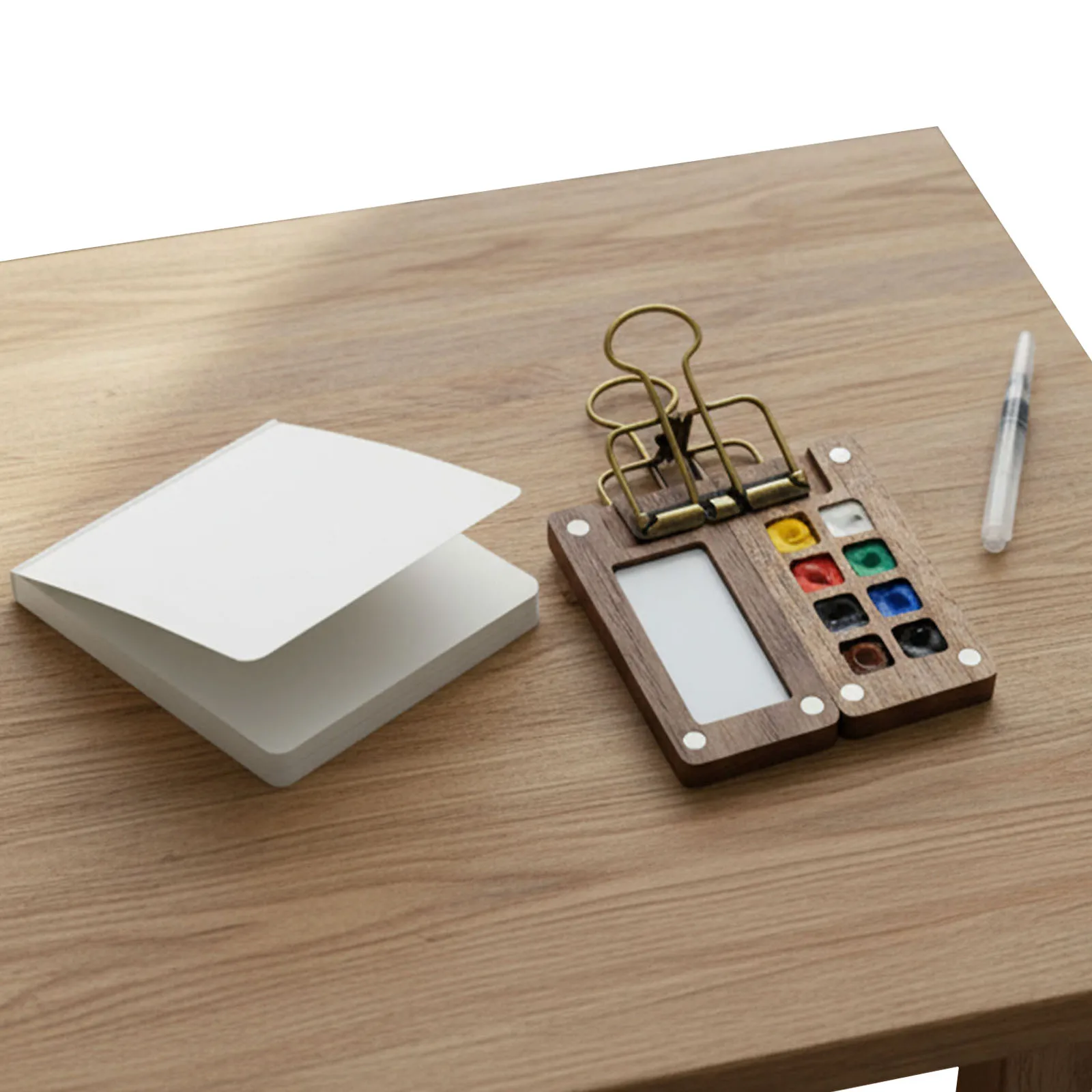 Mini juego de pintura de acuarela, Kit de viaje de bolsillo de madera para artistas con pincel y cuaderno de bocetos, juego de acuarelas portátil para artistas pintores - imagen 5