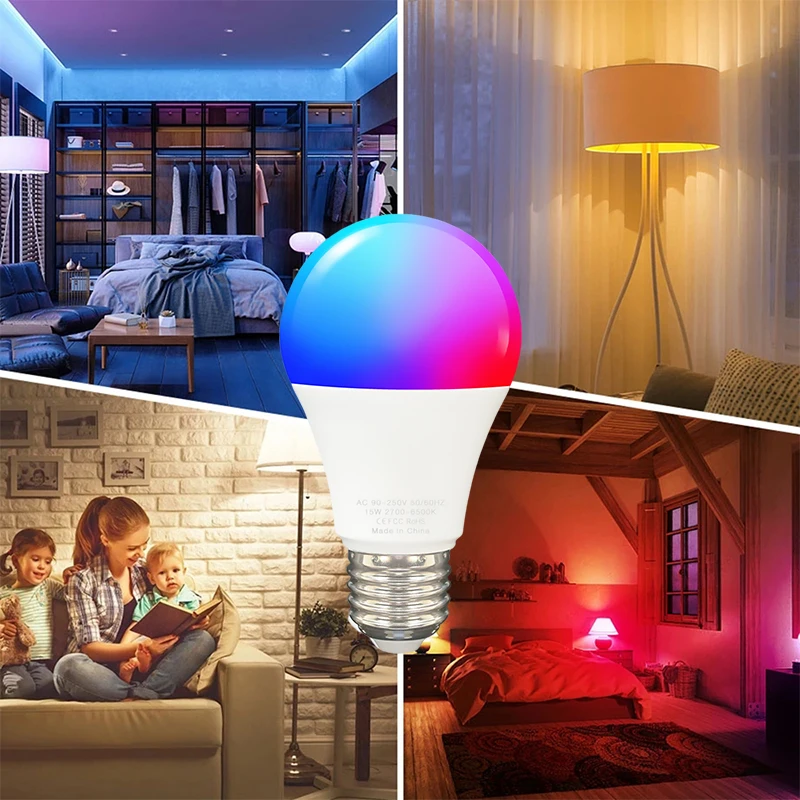 Bombilla inteligente TUYA de 15/9W, bombilla LED RGB E27 B22 con WiFi, para Alexa, Google Home, Yandex, Alice, 100-240V, regulable, Control por voz - imagen 4