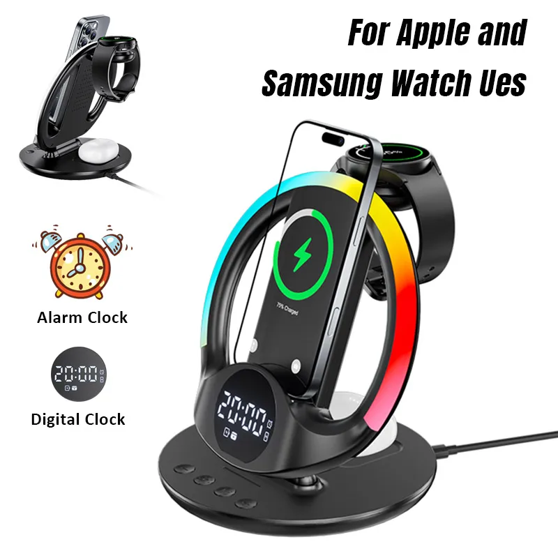 Luz RGB y cargador inalámbrico 6 en 1, soporte de reloj despertador para iPhone 17 ~ 12, Samsung, Apple y Galaxy Watch, Airpods 4/3 Pro Buds3/3 Pro - imagen 2