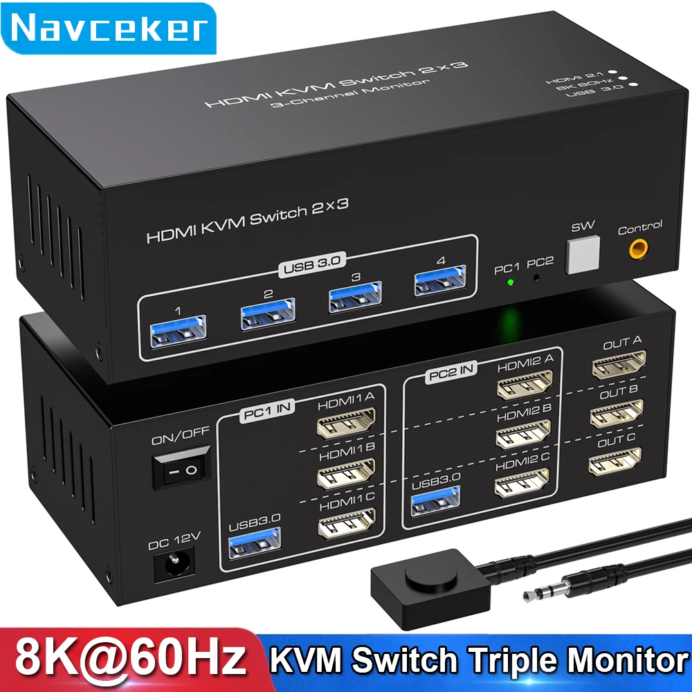 Navceker 8K 60Hz Triple HDMI USB 3,0 KVM Switch 3 monitores 2 ordenadores 4K 120Hz 2x3 Triple Monitor KVM teclado ratón conmutador - imagen 2