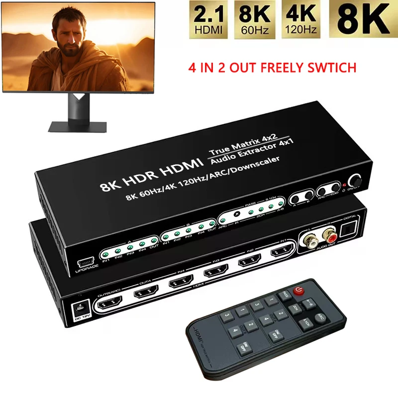 HDMI2.1 8K HDR HDMI Matrix 4x2 interruptor divisor 4k 120hz soporte Dolby Vision Atoms 4x1 Extractor de Audio ARC EDID PASS 2CH 5,1 canales - imagen 2