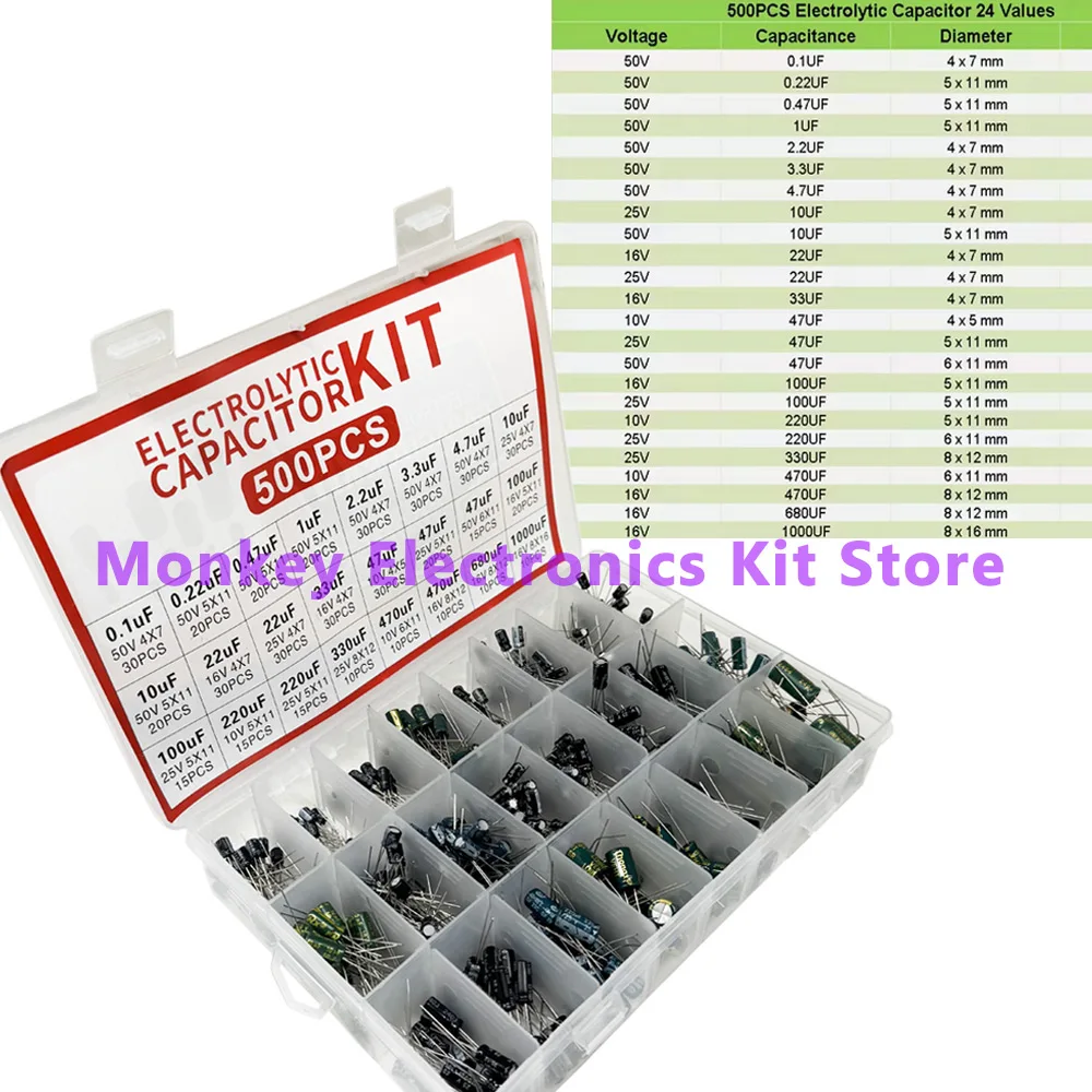 500 Uds condensador electrolítico condensadores electrolíticos DIP mezclados 10V 16V 25V 50V Kit electrónico 24 valores 0,1 uF-1000u - imagen 4