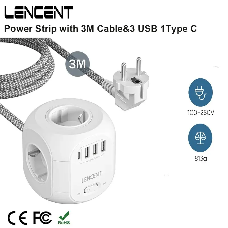 LENCENT-regleta de alimentación con enchufe europeo, cubo con 4 salidas de CA, 3 puertos USB, 1 tipo C, Cable trenzado de 3M, enchufe múltiple con interruptor para el hogar