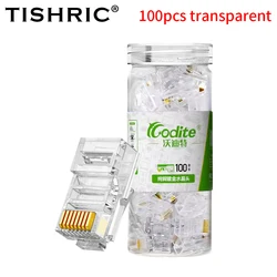 TISHRIC 100PCS RJ45 Ethernet Cables Module Plug Network Connector RJ-45 Crystal Heads Cat5 Transparent Cat5e Gold Plated Cable ﻿
