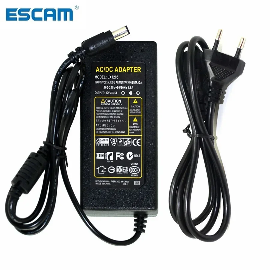 Fuente de alimentación para sistema de seguridad de cámara CCTV, interruptor de transformador de adaptador de corriente CC de 12V 5A 60W, AC100 - 240V a DC12V
