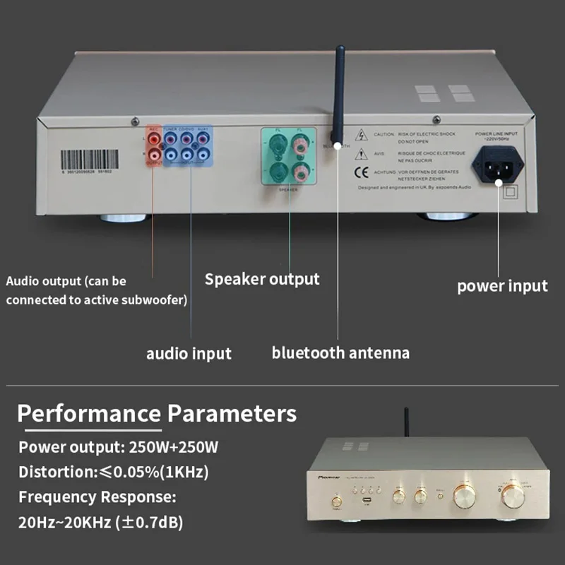 AMPLIFICADOR DE POTENCIA para fiebre de alta potencia, amplificador de 250W + 250W, altavoz Auido preescenario para cine en casa, Bluetooth 4,0, compatible con altavoces de 4-8Ω - imagen 5