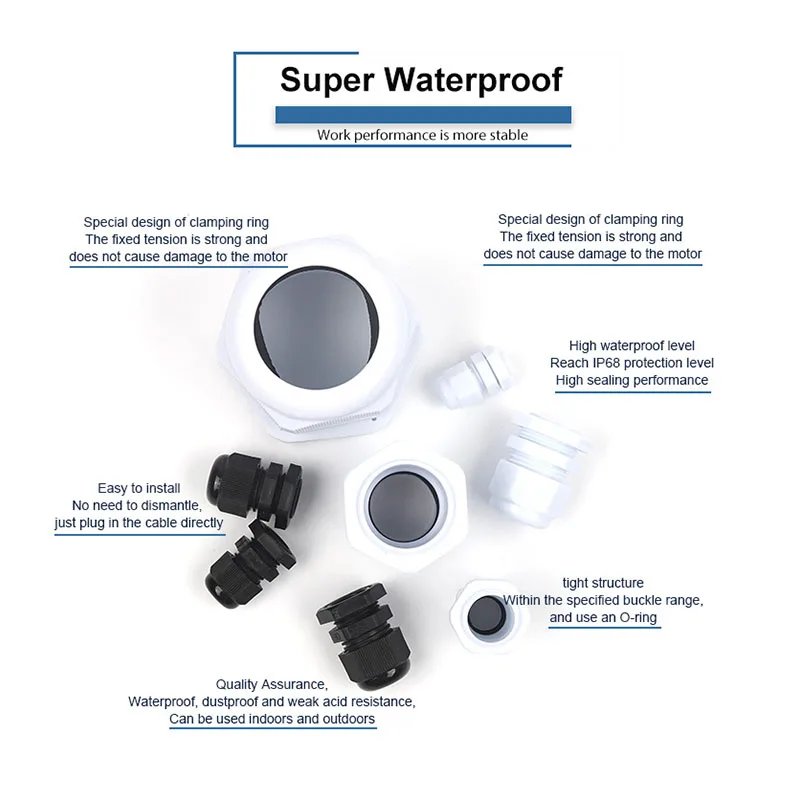 Conector de Cable de fijación de nailon blanco IP68, junta de sellado de plástico negro, glándula de Cable impermeable, 16Mm-44Mm, M32/m36/m40/m50/m63 - imagen 2